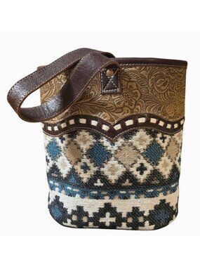 Myra Bag Jacquard Double Wine Bag Tooled Leather Western Boho Tote Canvas Carrie